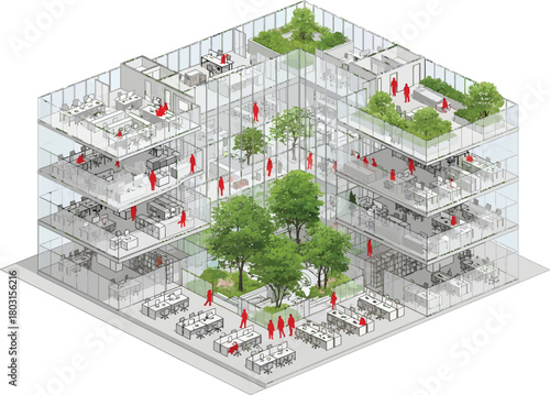 Modern architectural concept of a sustainable office building with integrated green spaces and natural light for employee well being