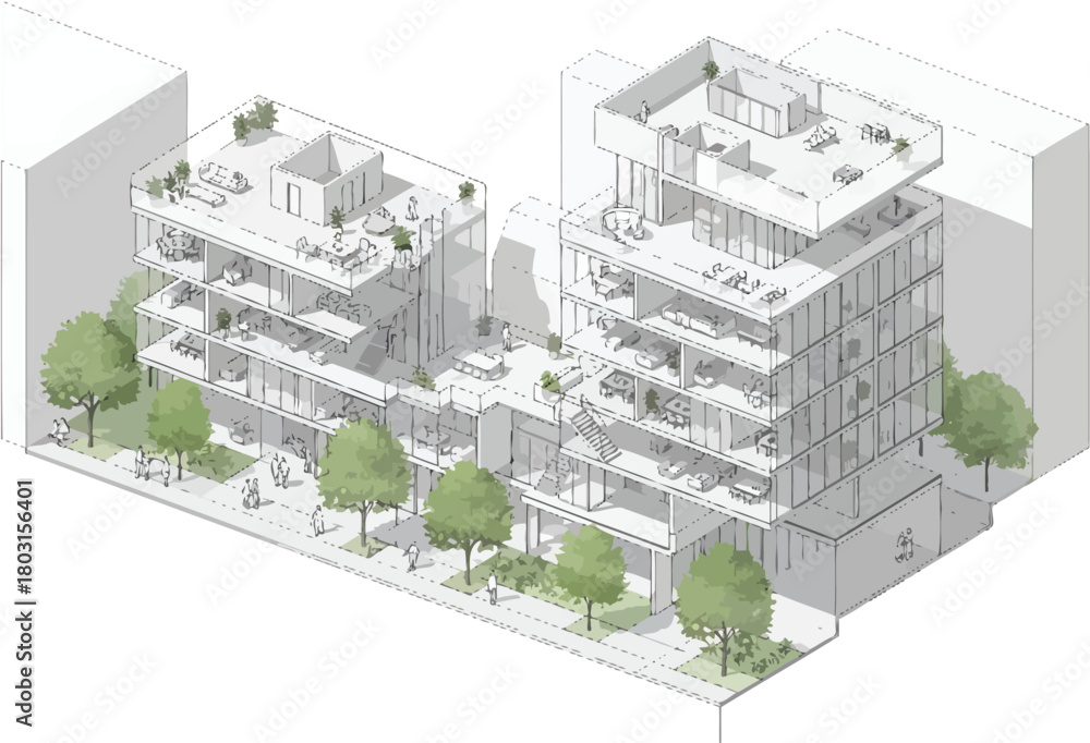 Naklejka premium Isometric architectural drawing of a modern residential building complex with balconies and green trees in an urban setting