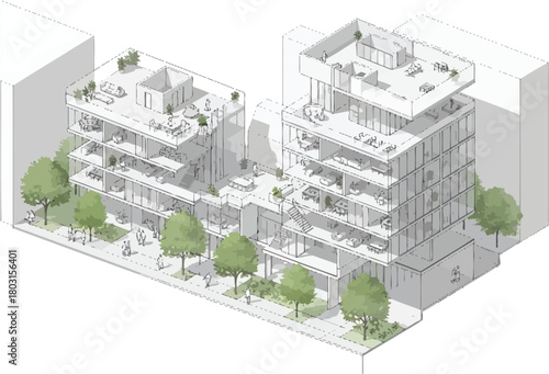 Isometric architectural drawing of a modern residential building complex with balconies and green trees in an urban setting