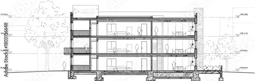 Detailed architectural section drawing of a modern multi story building with clean lines and open spaces