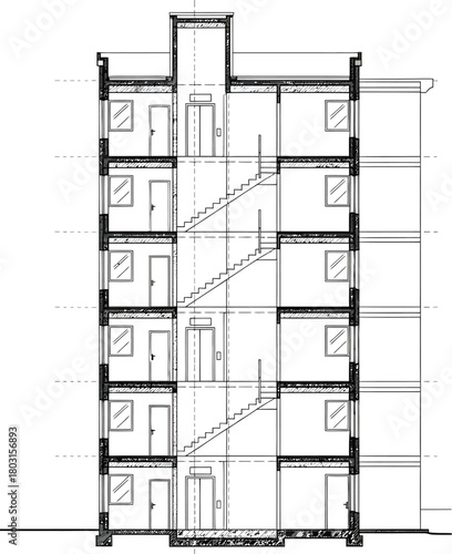 Architectural drawing of a multi story building s cross section showing internal layout and structural elements in black and white