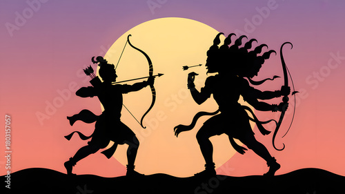 Ramayana illustration of rama and ravana battle scene silhouette with bow and arrow at sunset background