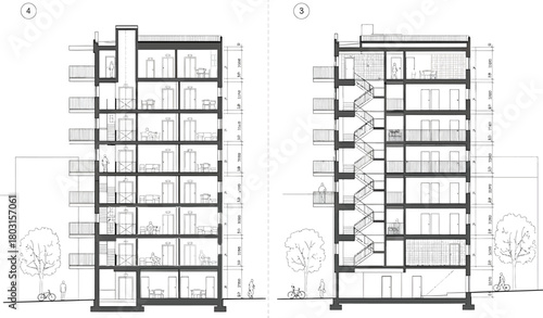 Architectural cross section drawings of two apartment buildings showing interior layouts and exterior details