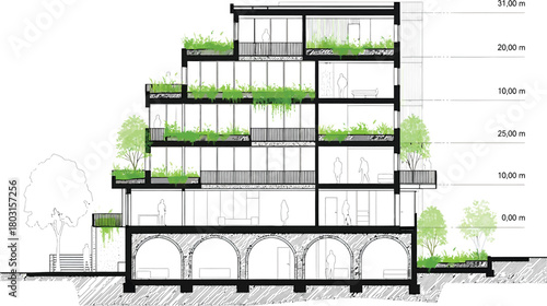 Architectural cross section drawing of a modern multi story building with green terraces and trees integrated into its design
