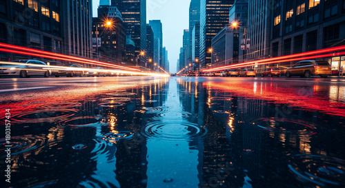 Dynamic city street at night, wet from rain, with light trails and vibrant reflections.