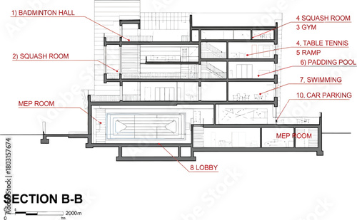 Architectural cross section drawing labeled section b b showing building levels and structural elements with annotations