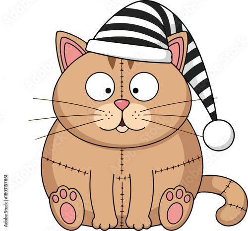 Cute cartoon cat wearing a striped nightcap ready for a good nights sleep.