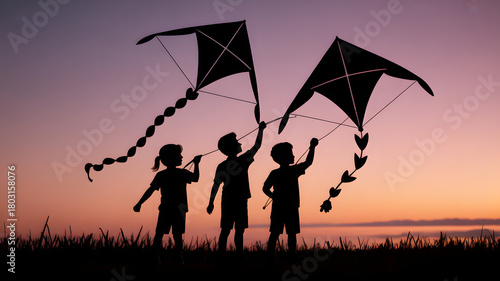 Children flying kites silhouette at sunset outdoor activity childhood memories summer fun family time