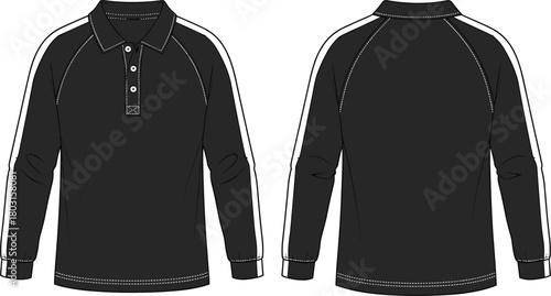 Black polo shirt vector, long sleeve garment, front and back view, fashion silhouette icon, casual wear design, apparel illustration asset