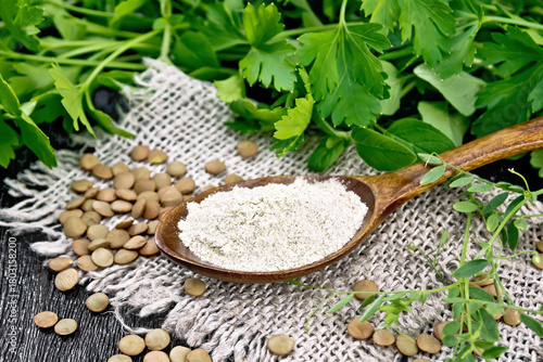 Flour lentil in spoon on dark board