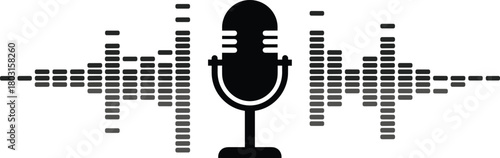 Black and white microphone with sound wave bars for podcast, audio recording, broadcasting, music production, and sound engineering illustrations