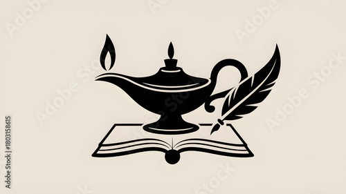 Knowledge lamp and feather illustration for education concept and creative writing inspiration