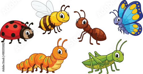 Various colorful insects including a ladybug bee ant butterfly caterpillar and grasshopper 1.