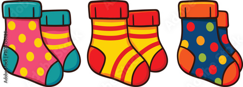 Colorful cartoon socks vector set for kids fashion, winter wear, playful apparel design, nursery decor, and seasonal clothing illustrations
