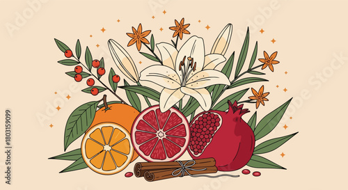 Vibrant floral and fruit arrangement showcasing lilies oranges and pomegranates in a colorful display.