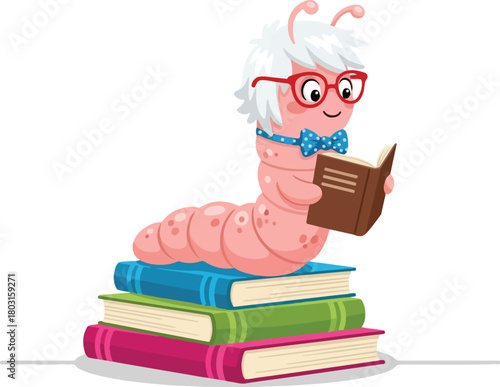 A charming cartoon worm with glasses reading a book on a stack of colorful books.