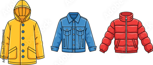 Jacket vector set, raincoat, denim, puffer styles, outerwear fashion icons, seasonal clothing illustration, casual apparel design, cold weather asset