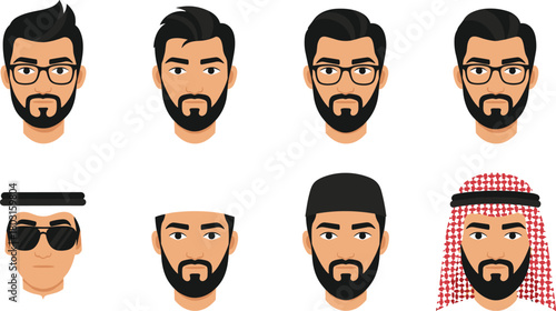 Set of Eight Diverse Middle Eastern Male Avatars and Icons with Beards, Eyeglasses, and Traditional Headwear, Representing Businessmen, Arabs, and Diverse Cultural Character Profiles.
