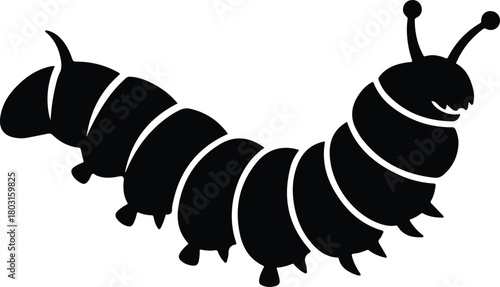 Black silhouette of a crawling caterpillar on a white background isolated.