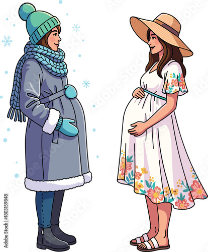 Pregnancy seasons vector, winter and summer clothing contrast, maternity fashion illustration, seasonal outfit comparison, human experience icon, lifestyle asset