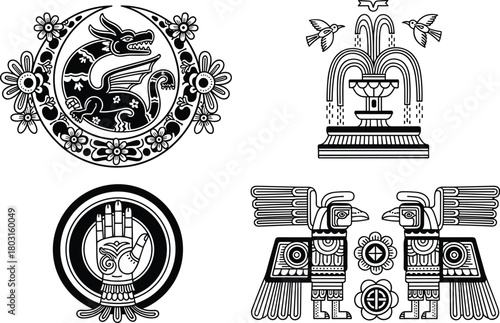 Set of Four Detailed Black and White Ancient Emblems Vector Illustrations Featuring Aztec Eagles, Dragon, Fountain, and Mystic Hand Symbols for Historical, Cultural, and Mythological Designs.