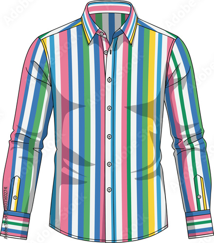Striped shirt vector, colorful fashion garment, vertical stripe pattern design, vibrant clothing silhouette, casual wear icon, stylish apparel illustration
