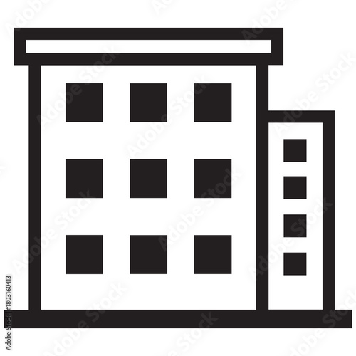 Exterior building with square windows and small extension next to it