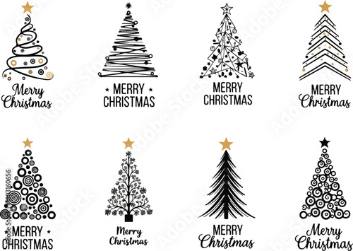 Collection of Christmas tree designs with festive greetings and star toppers for holiday season celebrations.