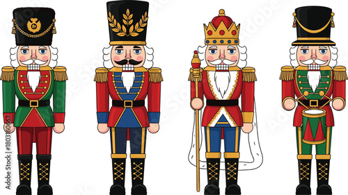 Set of Four Traditional Nutcracker Soldiers and King Vector Illustrations, Ideal for Christmas Decorations, Holiday Events, Winter Celebrations, Festive Designs, and The Nutcracker Ballet Theme.