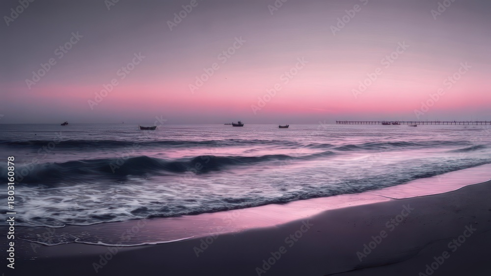 Obraz premium Coastal dawn scene with boats, waves washing ashore, and soft pink and purple hues