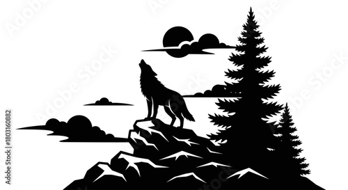 Howling Wolf Silhouette at Moon - Wilderness Vector Art