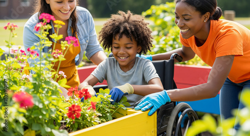 Diverse women and boy in wheelchair joyfully gardening flowers in a vibrant raised garden