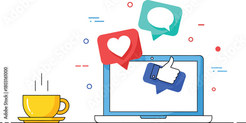 Digital Marketing and Social Media Interaction Concept with Laptop, Coffee Cup, and Floating Engagement Icons, Ideal for Online Content, Communication, and Internet Technology Design.