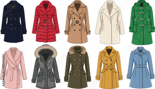 Women’s winter coat vector set, fashion outerwear icons, trench, puffer, toggle styles, seasonal clothing illustration, cold weather apparel asset