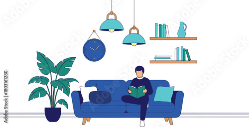 Person Relaxing on a Sofa and Reading a Book in a Cozy, Modern Living Room Interior, Illustrating Leisure Time, Home Comfort, and Quiet Hobbies Vector.