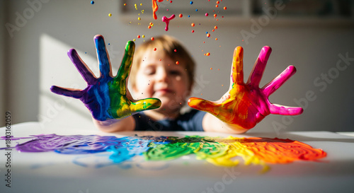 Playful child's hands covered in rainbow paint, creating vibrant splatters.
