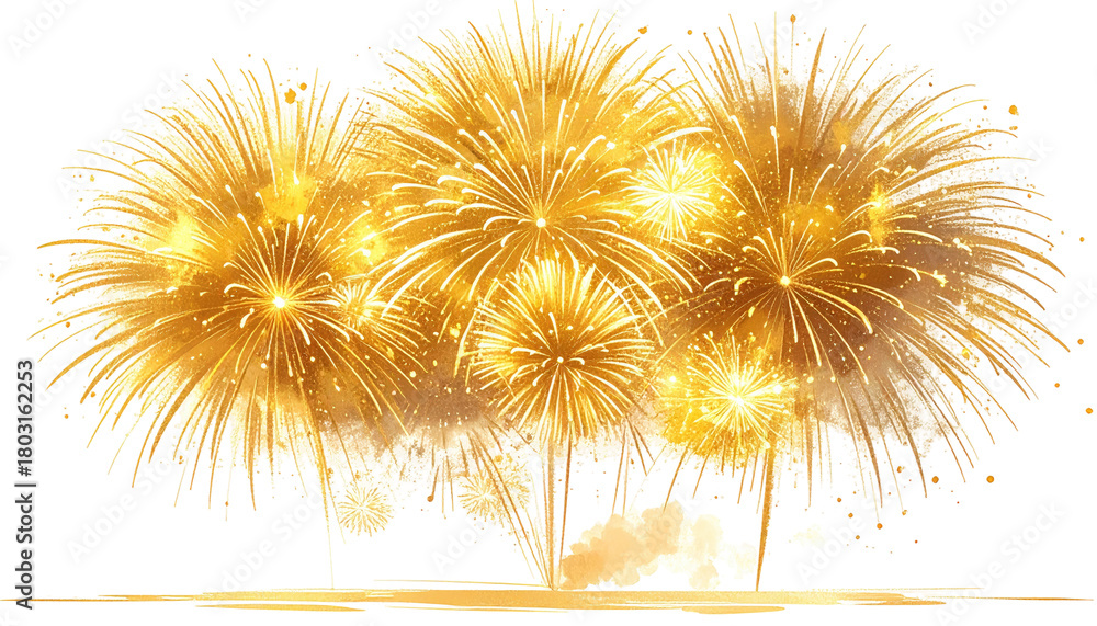 Fototapeta premium A vibrant display of golden fireworks bursts against a black backdrop, illuminating the night sky with radiant spectacle