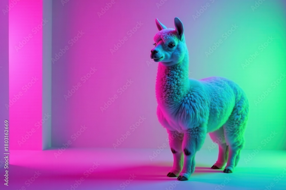 Obraz premium A fluffy alpaca stands in a vibrant, neon-lit studio, showcasing its soft fur against a colorful backdrop.