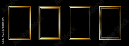 Gold thin rectangle frame set. Shining golden square borders in art deco style. Thin linear rectangular cadre collection. Vector brass glowing shiny boarder element pack for photo, poster, card