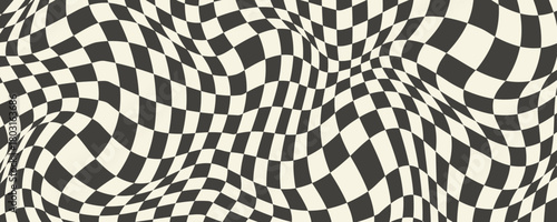 Trippy checkerboard background. Retro psychedelic checkered wallpaper. Wavy groovy chessboard surface. Distorted geometric grid chess pattern. Abstract old race flag wave backdrop. Vector