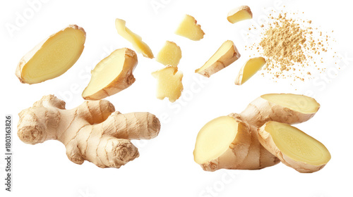 Fresh ginger root and slices isolated on transparent background