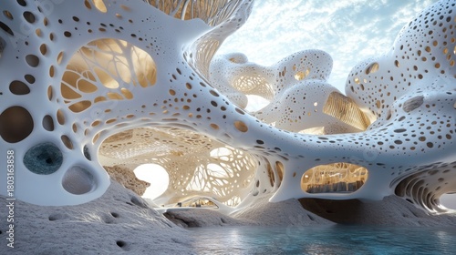 Fototapeta Naklejka Na Ścianę i Meble -  Coral reef inspired luxury apartment complex, porous bone-white structures with iridescent accents, underwater caustics lighting effect