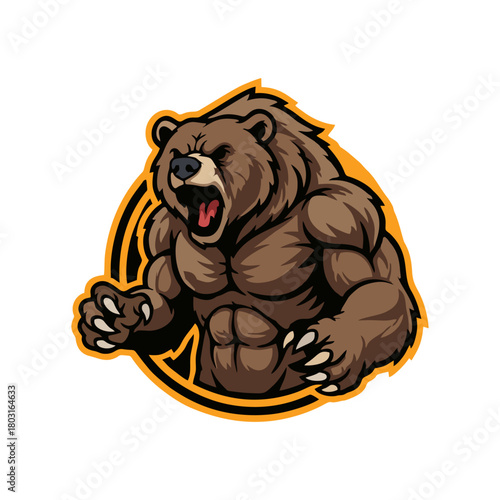 Muscular brown bear roaring fiercely within a circular frame, showcasing its strength and power with an intimidating presence, perfect for sports team logo or mascot.