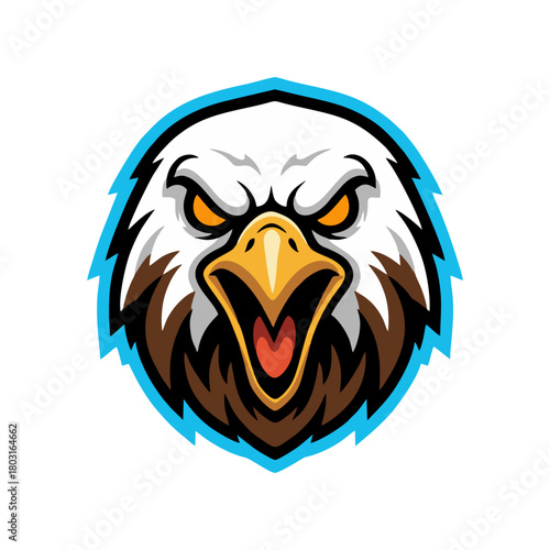 Fierce eagle head roars aggressively with open beak, displaying power and intensity in a bold, colorful mascot style image.