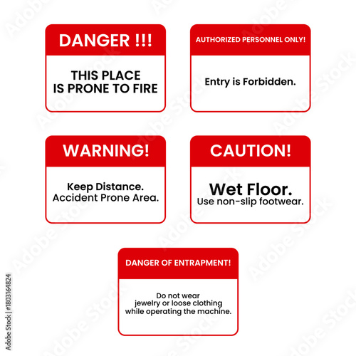 Various warning signs alert people to potential hazards in industrial workplace, promoting safety and awareness of dangers, preventing accidents and injuries.