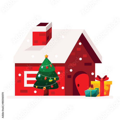 Snowy Christmas house with tree and gift box Icon Design