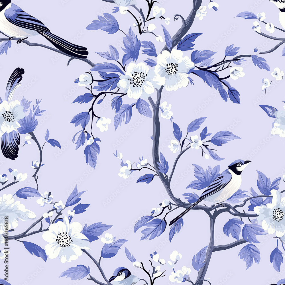 Fototapeta premium Elegant bird floral branch blue leaf white flower spring seamless pattern nature decorative vintage wallpaper