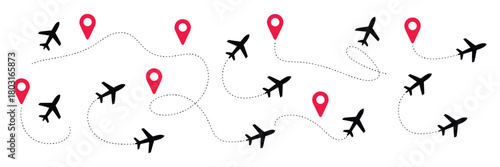 Airplane Line Path Vector Icons – Flight Route Illustration, Dotted Line Travel Path, Map and Location Pins, Air Travel Vector Graphics, EPS File, Start to Destination