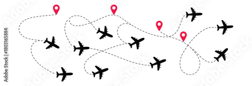 Airplane Line Path Icon Set – Flight Route Vector Illustration, Dotted Line Travel Path, Map and Location Pins, Air Travel Route, EPS Vector, Start to Destination Graphic