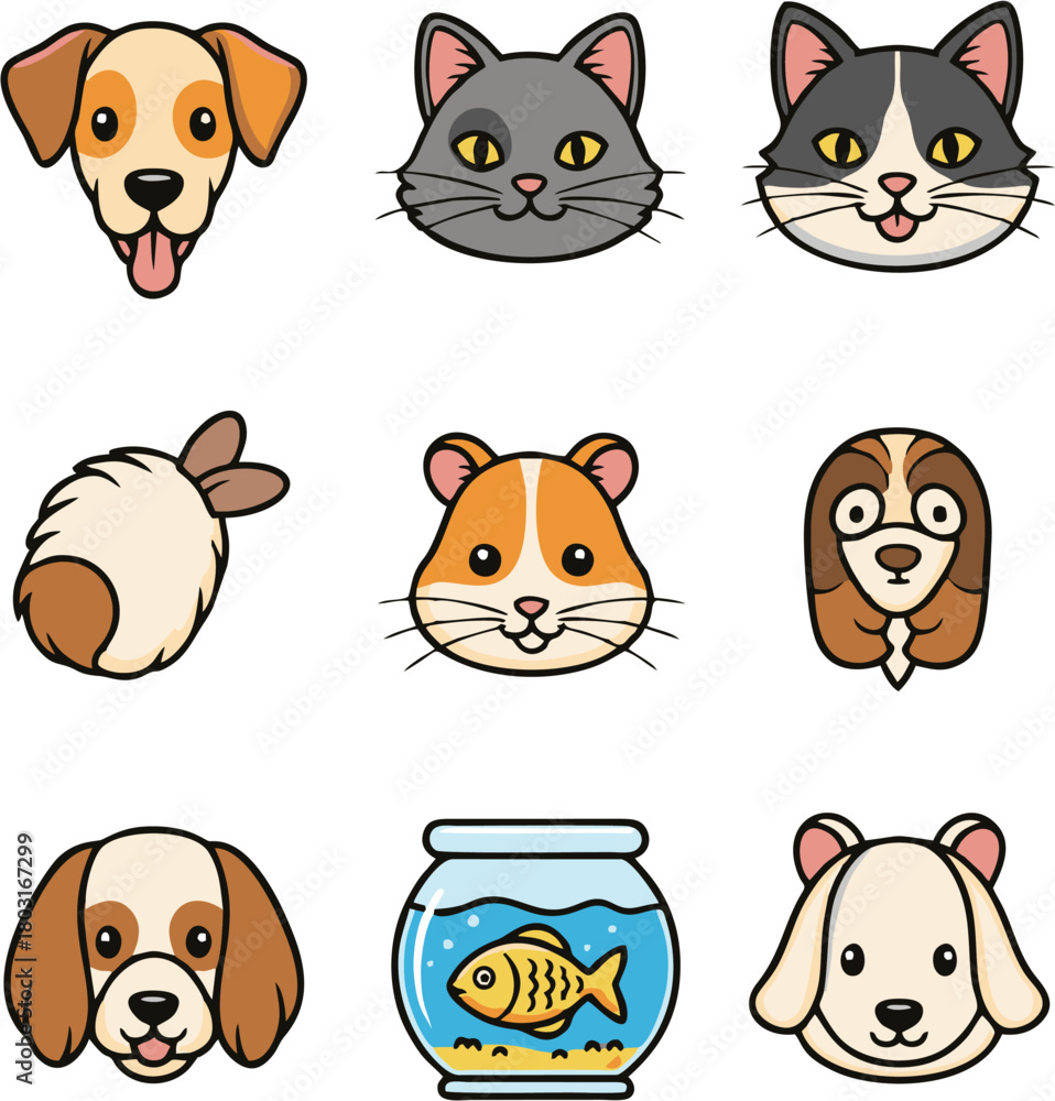 Obraz premium Cute Cartoon Pet Head Icon Set Vector Collection